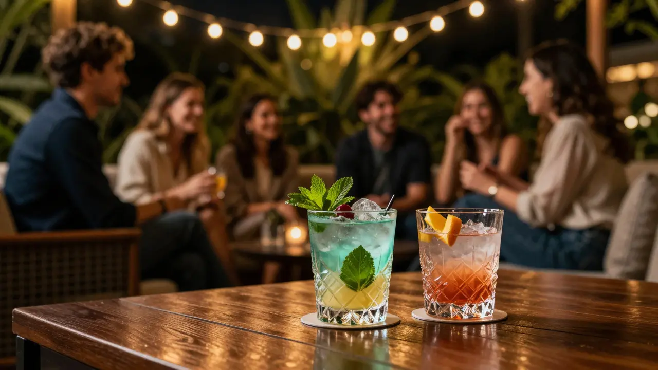 VIP table with colorful cocktails and blurred guests in an outdoor garden venue