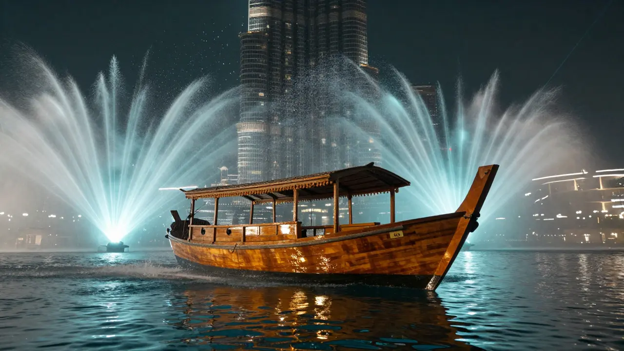 Wooden Abra boat surrounded by fountain jets on the lake.
