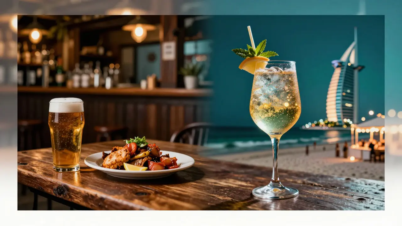 Comparison of a traditional pub pint and a glamorous beach club cocktail.