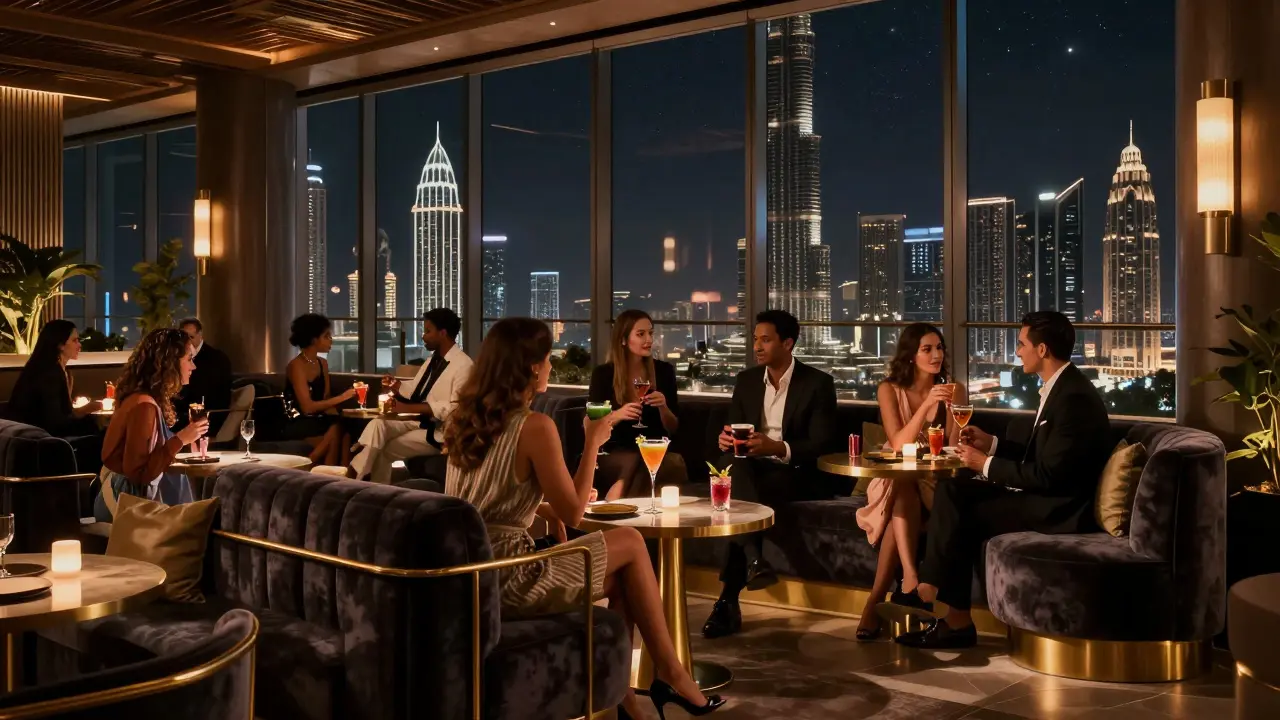 Elegant people enjoying cocktails in a luxury DIFC rooftop lounge.