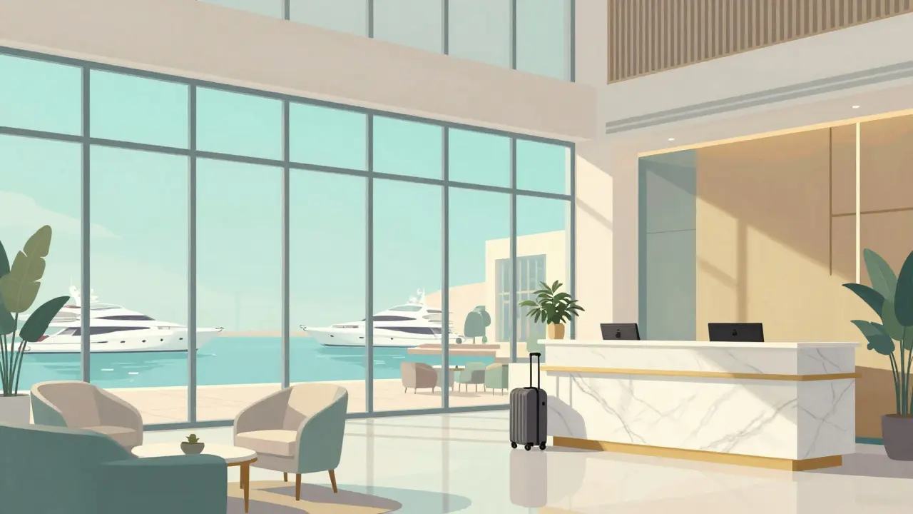 Modern hotel lobby with marina view and suitcase.