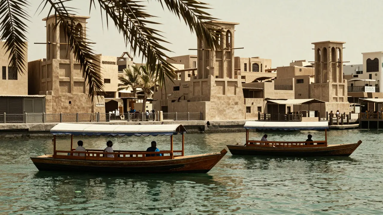 Wooden abra boats crossing Dubai Creek at sunset.